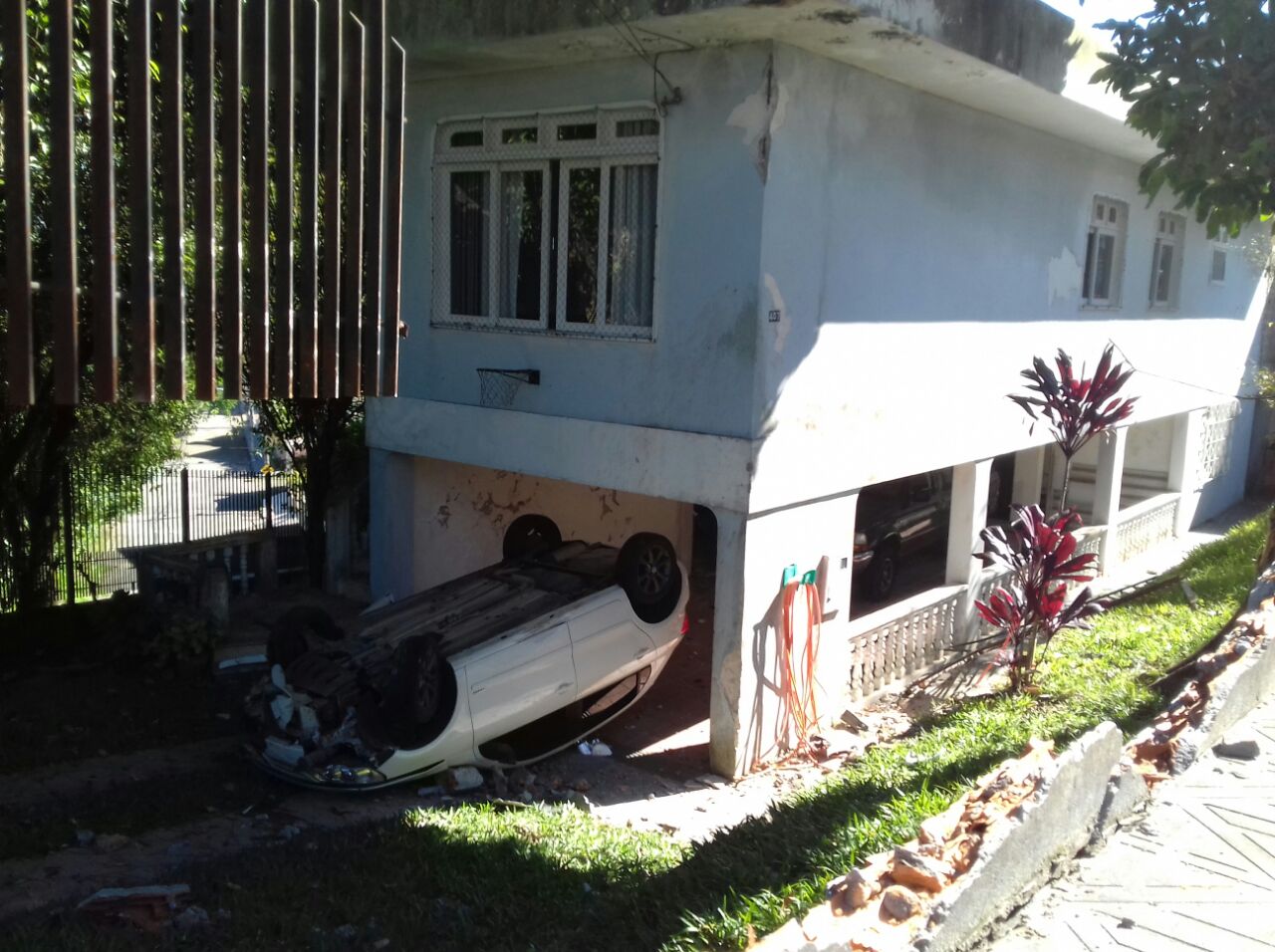 Estudante perde controle do veículo capota e cai no quintal de uma