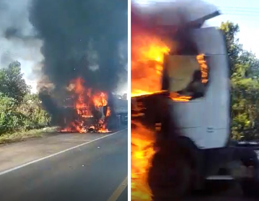 VÍDEO Motociclista morre e caminhão pega fogo em grave acidente em