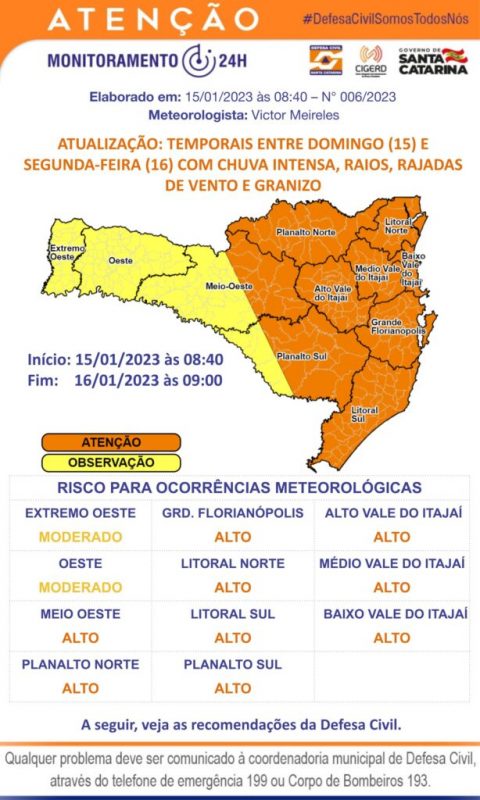 Santa Catarina Entra Em Alerta Para Risco Alto De Estragos Por