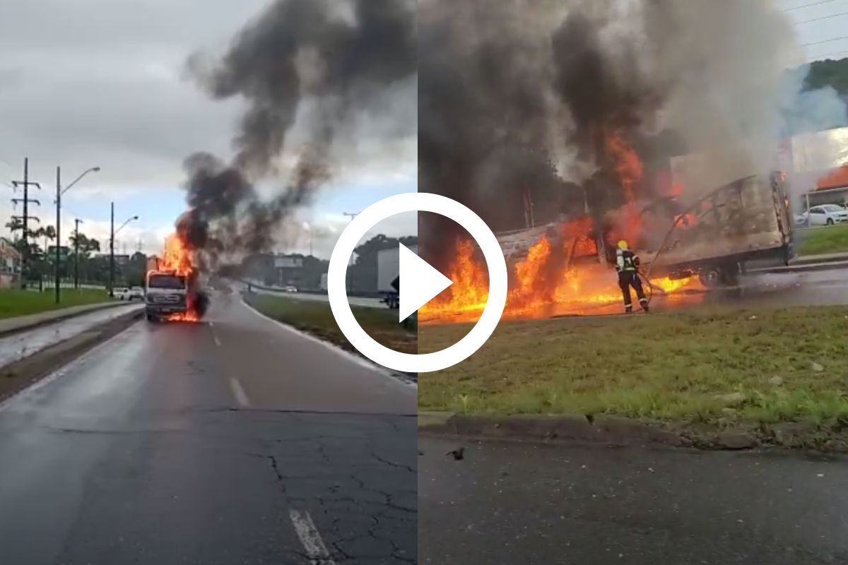 VÍDEO Caminhão pega fogo e interdita marginal da BR 101 em Joinville