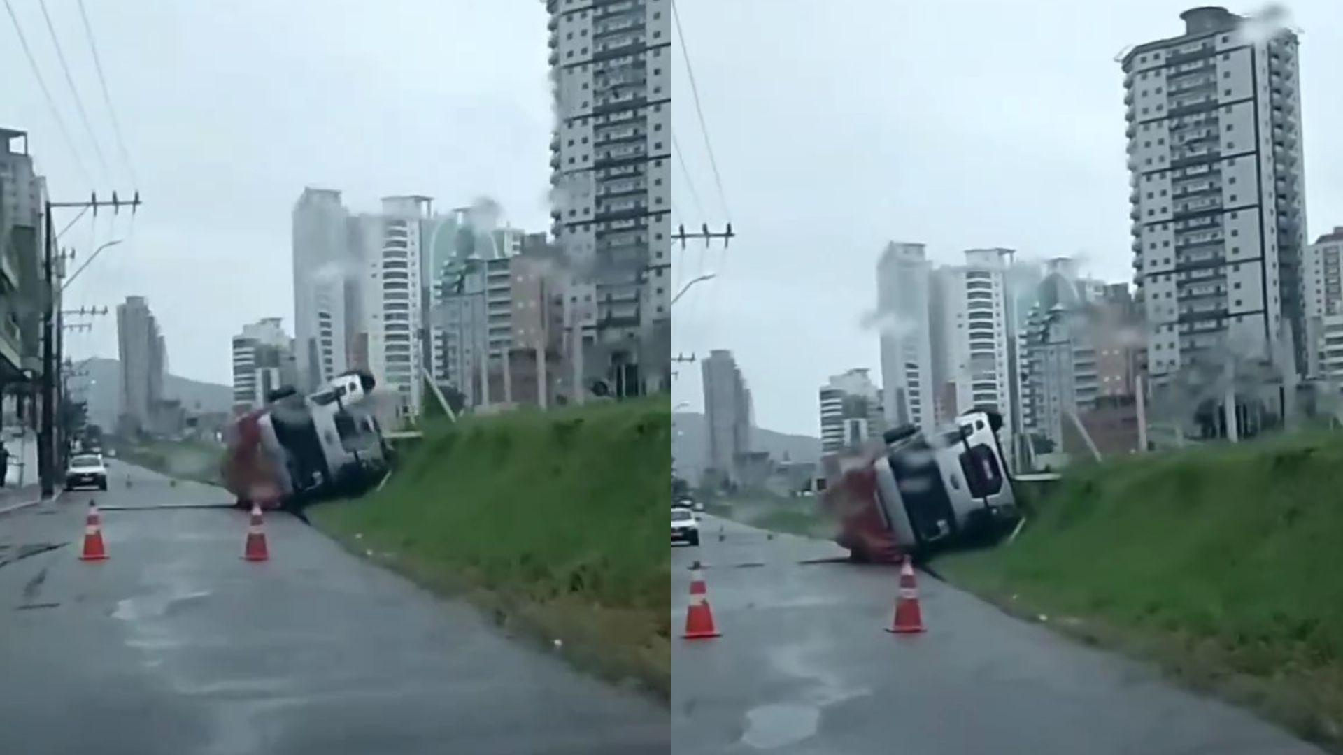 Caminhão sai da pista e tomba na BR 101 em Itapema