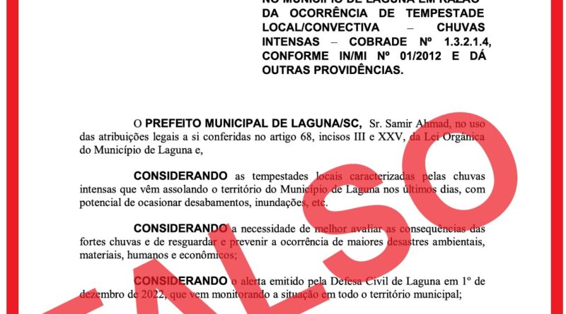 É falso decreto que declara situação de emergência em Laguna por conta