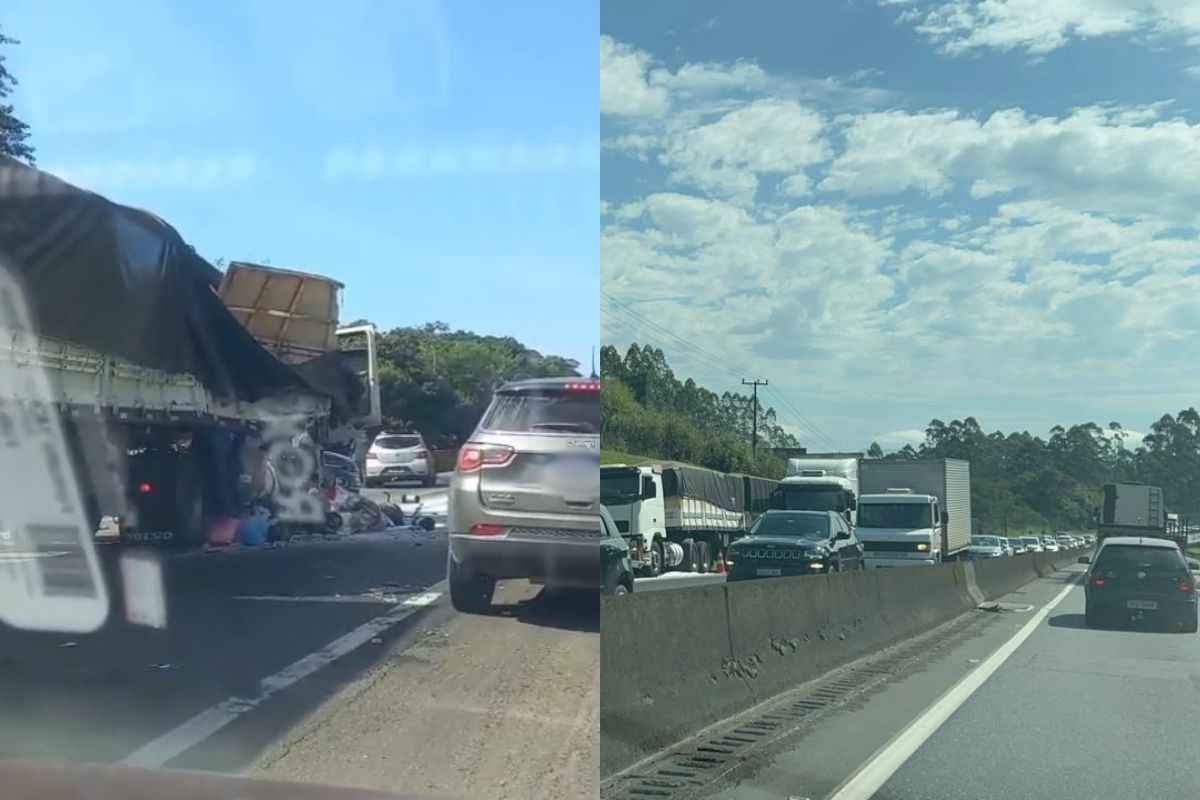 VÍDEOS Engavetamento carreta de doações ao RS causa fila