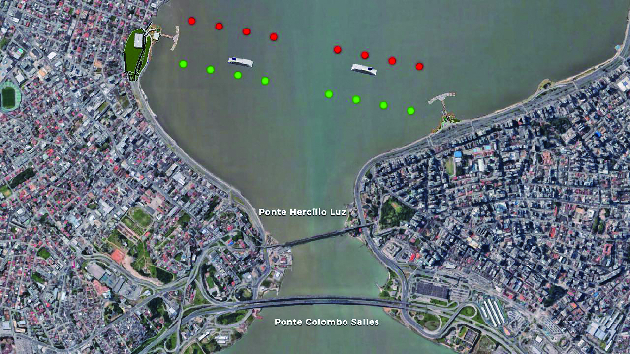 Ilustra&ccedil;&atilde;o mostra o corredor hidrovi&aacute;rio proposto h&aacute; anos para o transporte de passageiros entre Ilha e Continente – Foto: Divulga&ccedil;&atilde;o/ND