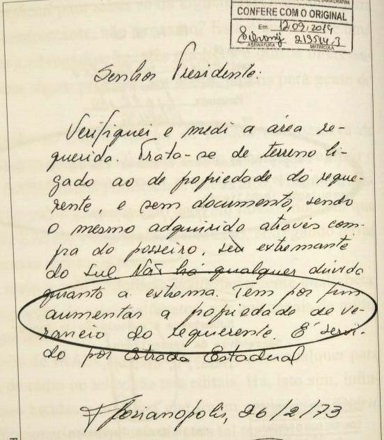 Documento do Irasc mostra que pedido de terra era para