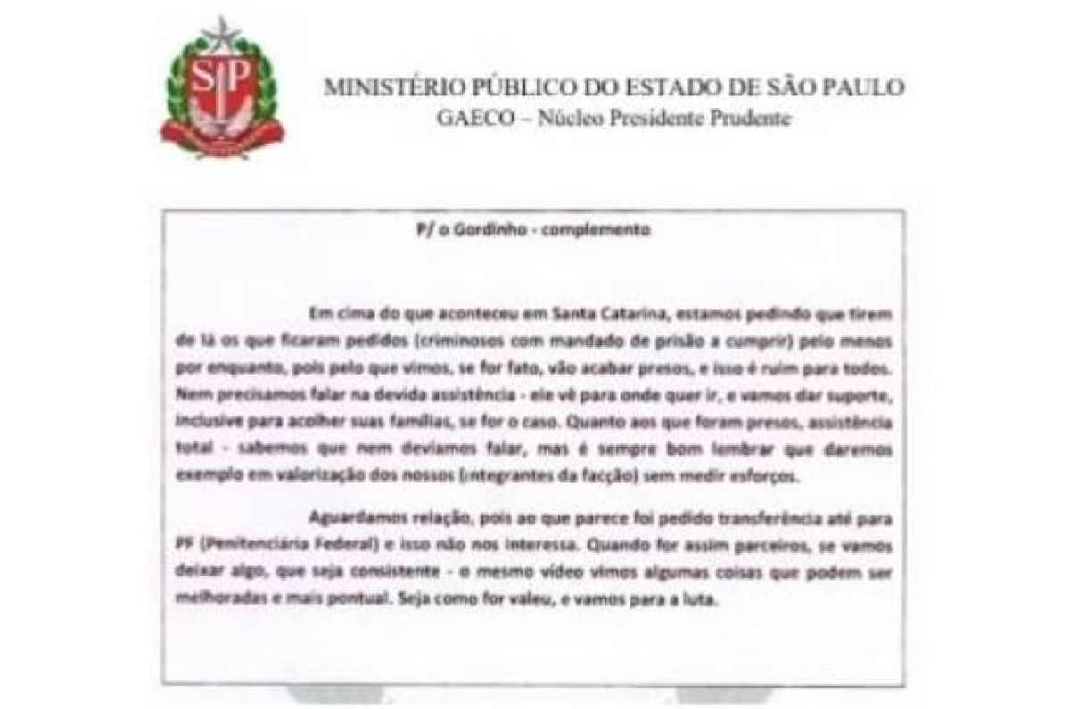 Em 2017, Ministério Público de São Paulo interceptou uma carta, enviada pela cúpula do PCC, pedindo diminuição de ações da facção em Santa Catarina