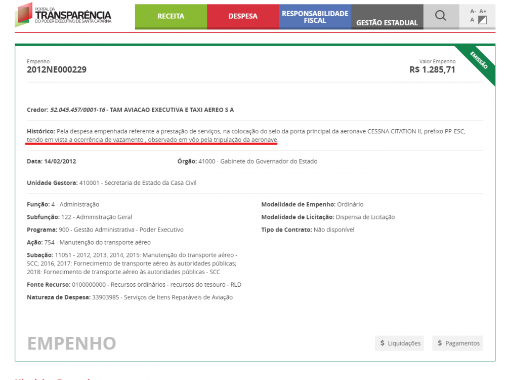 Aeronave apresentou vazamento em pleno voo, em 2012 - Reprodução/Portal da Transparência/ND
