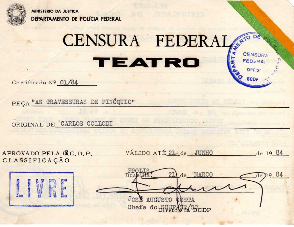 Relíquia; liberação da censura para peça infantil, no último ano da ditadura civil-militar (1984) - Divulgação