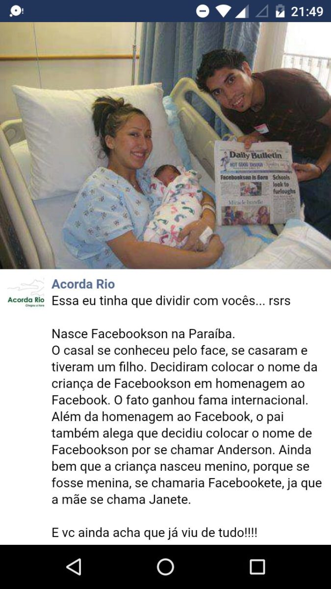 Batizados em homenagem à web: Hashtag, Harlem Shake e até Facebookson. Não é incomum encontrar notícias de crianças que ganharam nomes em homenagem à internet. Embora não seja completamente improvável que exista alguém no mundo batizado com tal alcunha, a maioria das publicações compartilhadas são apenas boatos. - Crédito: Reprodução Internet/33Giga/ND