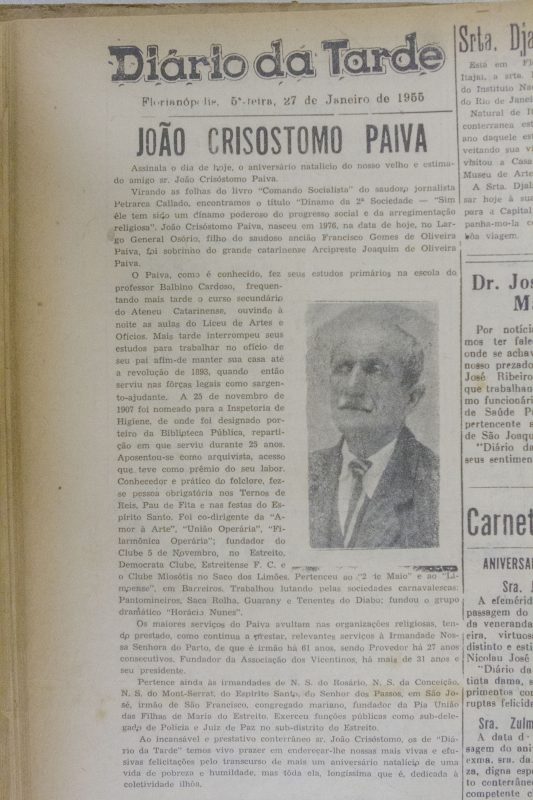 reprodução de matéria sobre João Crisóstomo Paiva, porteiro que salvou livros e acervo da instituição – Flavio Tin/ND