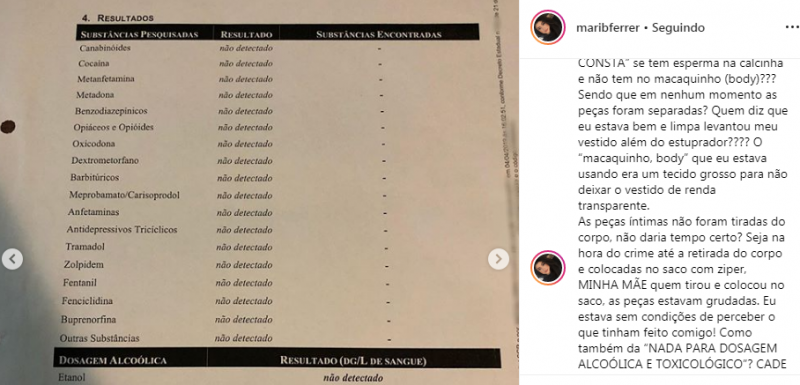 Publicação do exame toxicológico. – Reprodução/Instagram/ND