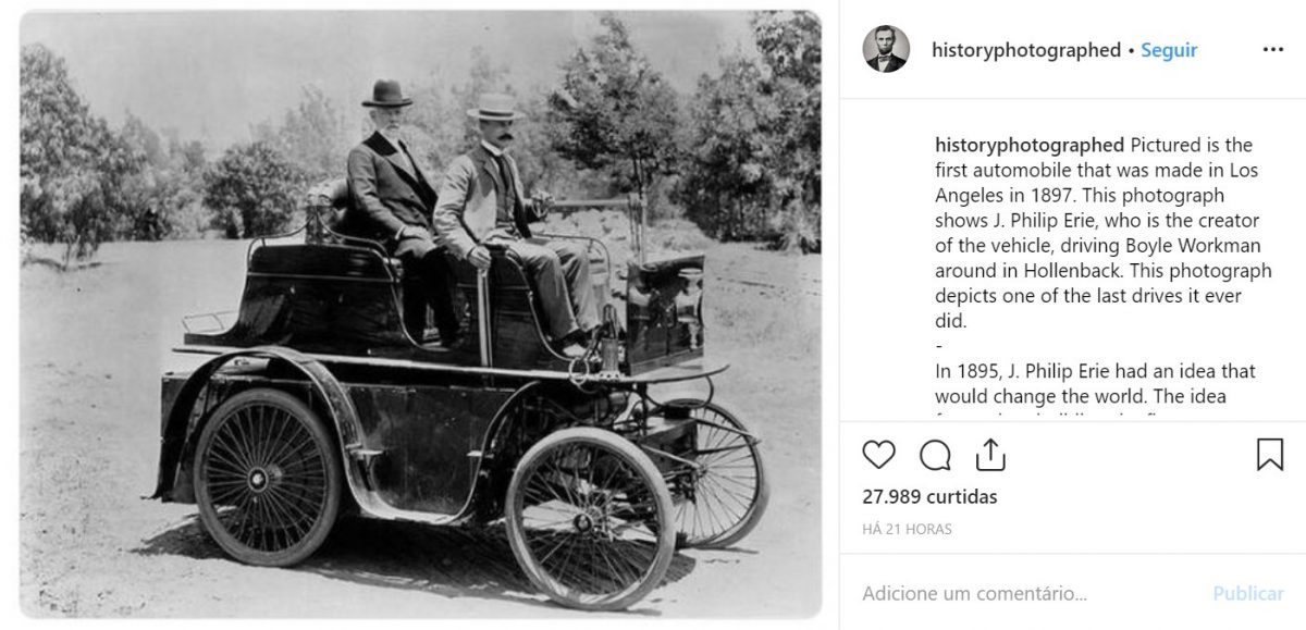 Na foto, o primeiro automóvel feito em Los Angeles (EUA), em 1897 - Crédito: reprodução/33Giga/ND