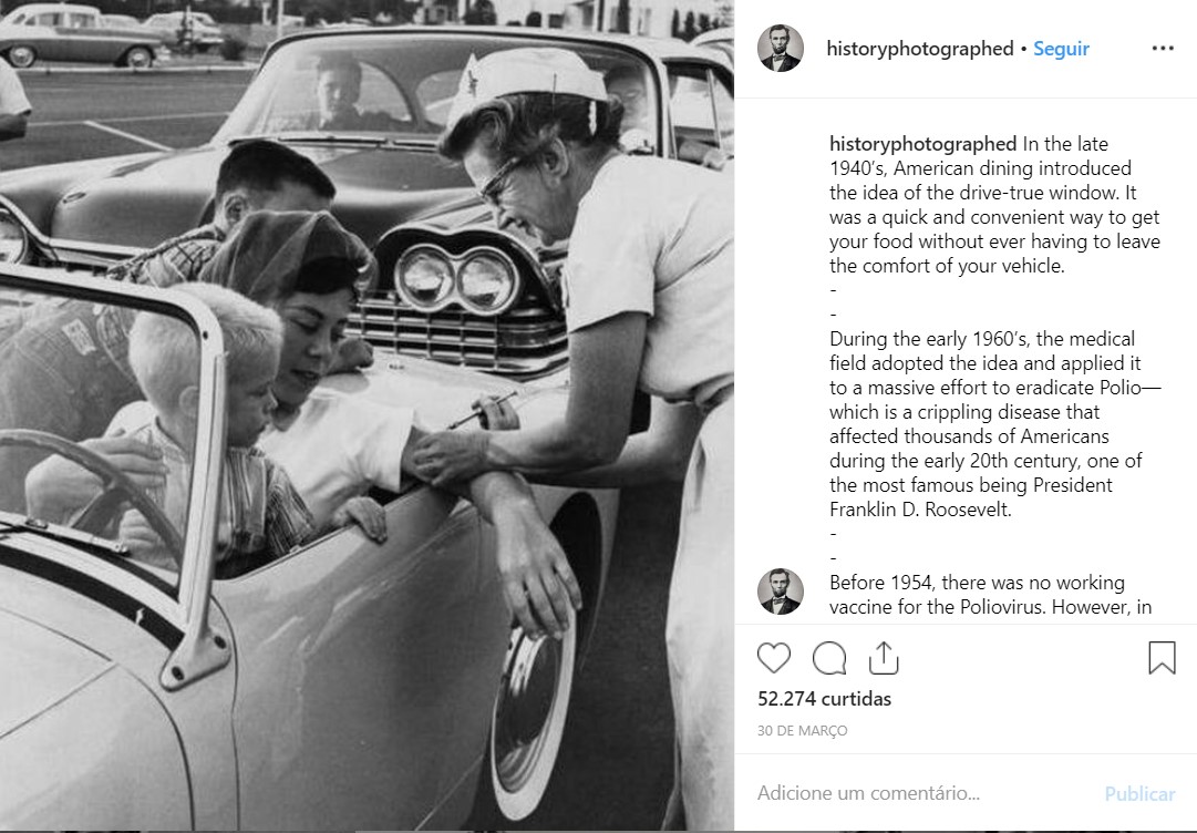 Um "drive-true" de vacinas contra a Poliomielite, em 1960, nos Estados Unidos - Crédito: reprodução/33Giga/ND