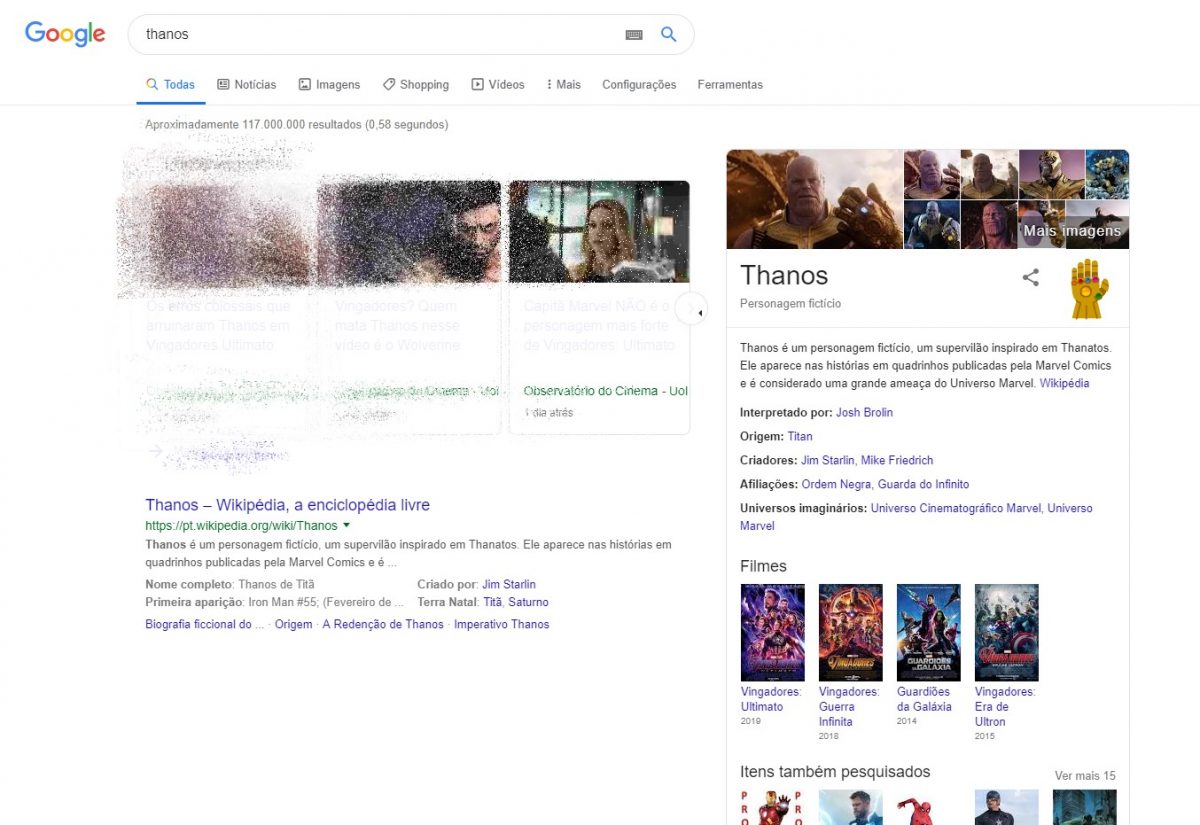 Thanos - Buscar pelo vilão da Marvel vai devastar os resultados da pesquisa - Reprodução /33Giga/ND