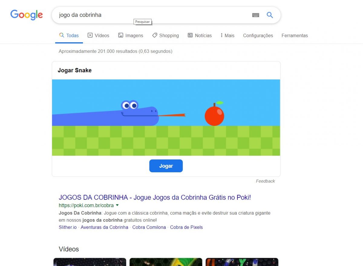 Jogo da cobrinha - a busca abrirá outra tela para você jogar esse passatempo clássico - Reprodução /33Giga/ND