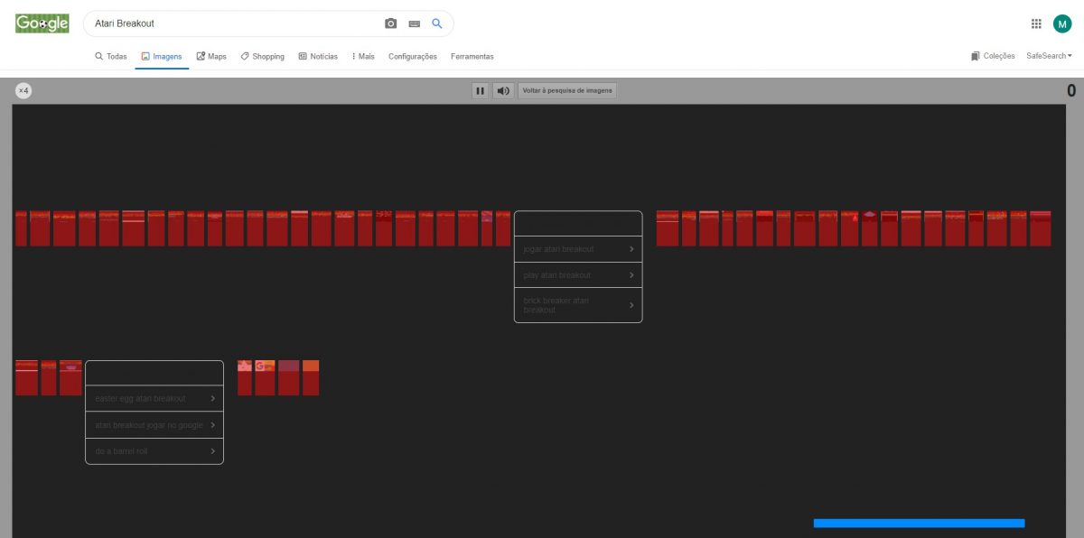 Atari Breakout - esse easter egg é um dos mais divertidos. Ao buscar por Atari Breakout no Google Imagens, a tela se transforma no jogo clássico da Atari. Dá para passar uns bons minutos entretido - Reprodução /33Giga/ND