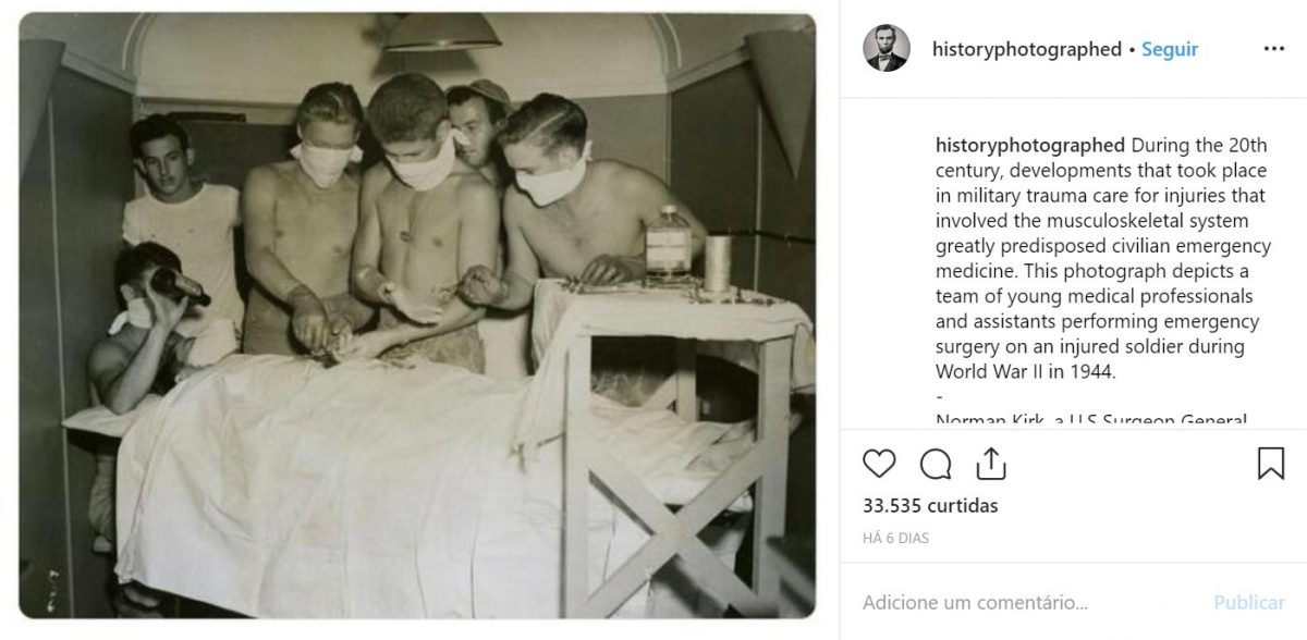 Time de jovens médicos e assistentes atendendo uma emergência cirurgica durante a Segunda Guerra Mundial, em 1944 - Crédito: reprodução/33Giga/ND