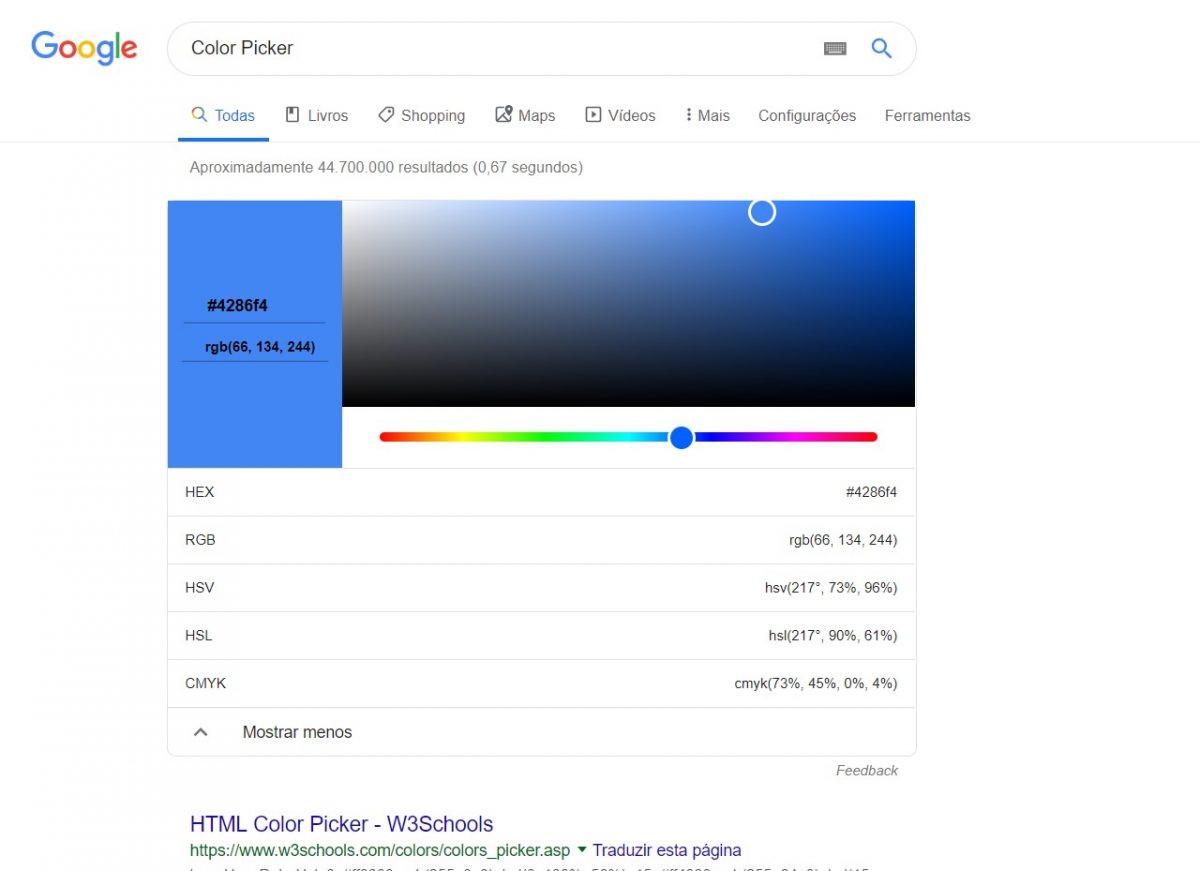 Color Picker - o Google mostra todas as informações e os padrões de cores em uma tabela navegável por meio do mouse ou códigos HTML. - Reprodução /33Giga/ND