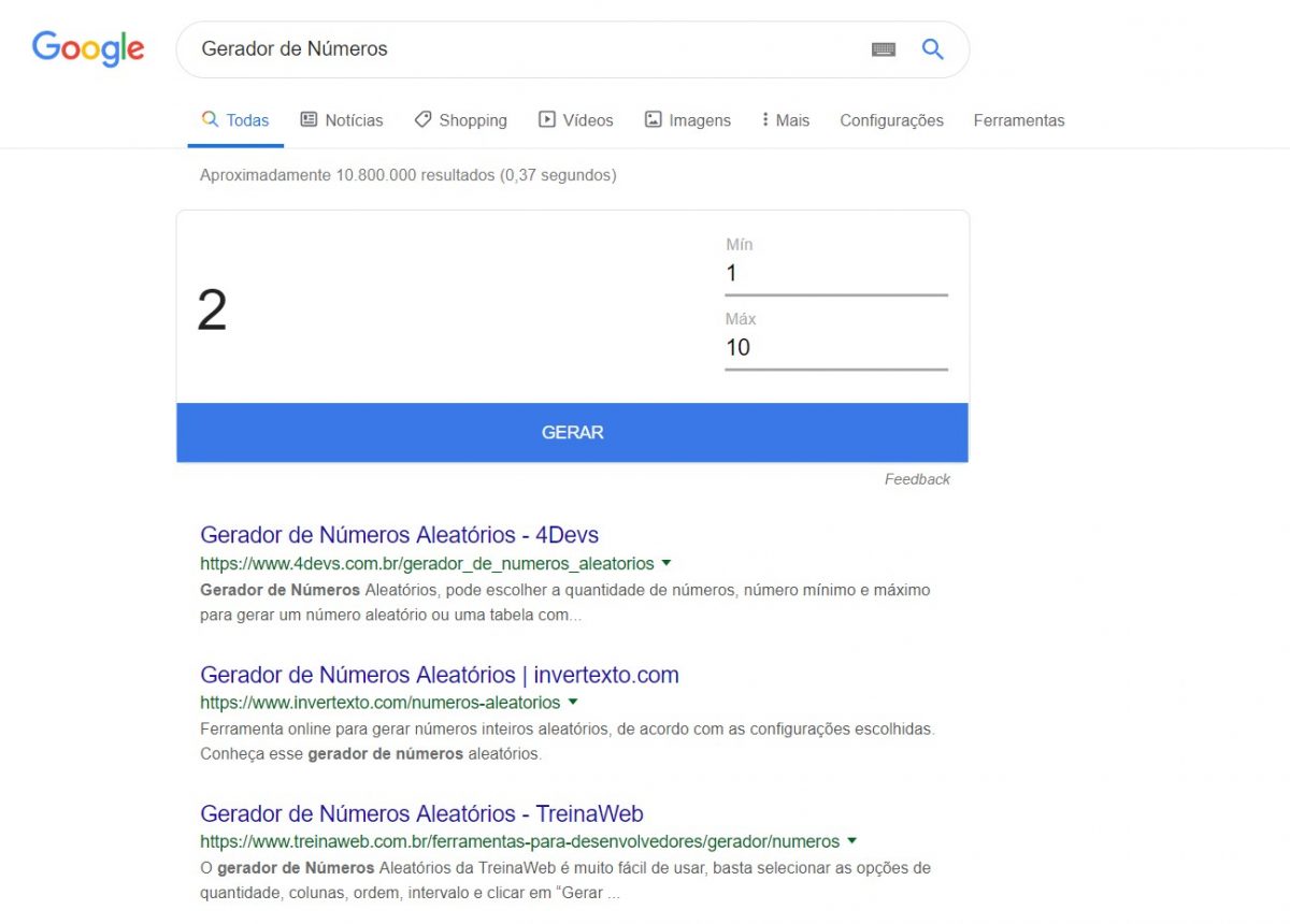 Gerador de Números - nessa dinâmica, o Google sorteia um número aleatório entre um mínimo e um máximo. Muito legal para sorteios. - Reprodução /33Giga/ND