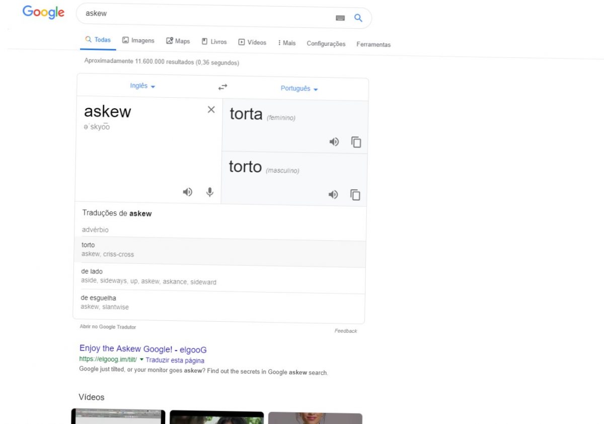 Askew - Pesquise por "Askew" (torto, em inglês) e veja a página de pesquisa ficar torta - Reprodução /33Giga/ND