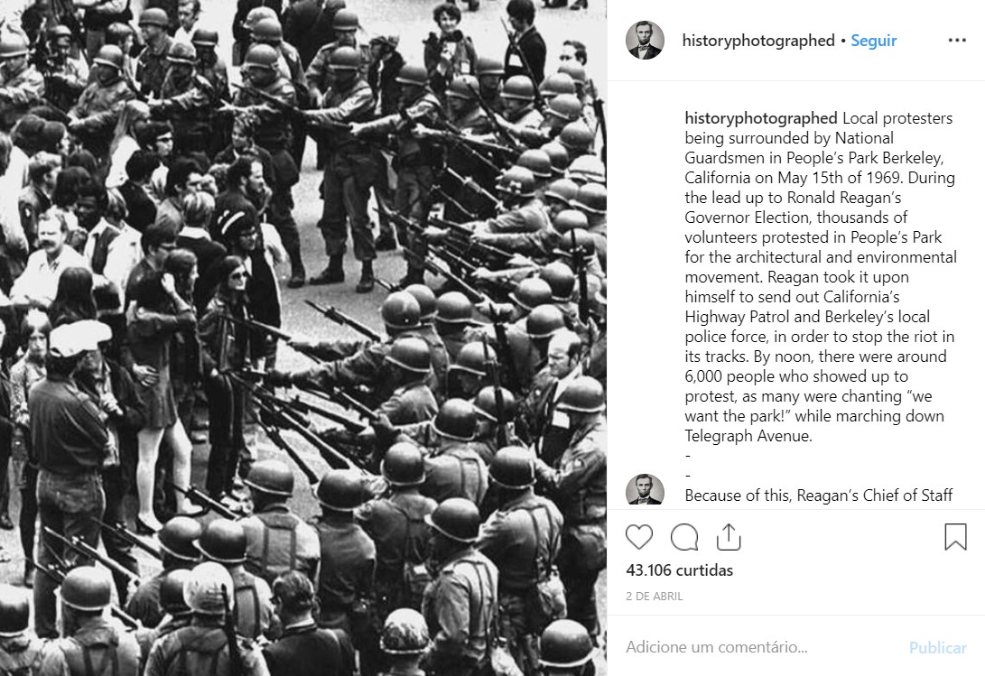 Manifestantes locais sendo cercados pela Guarda Nacional no Parque do Povo de Berkeley, Califórnia (EUA), em maio de 1969 - Crédito: reprodução/33Giga/ND