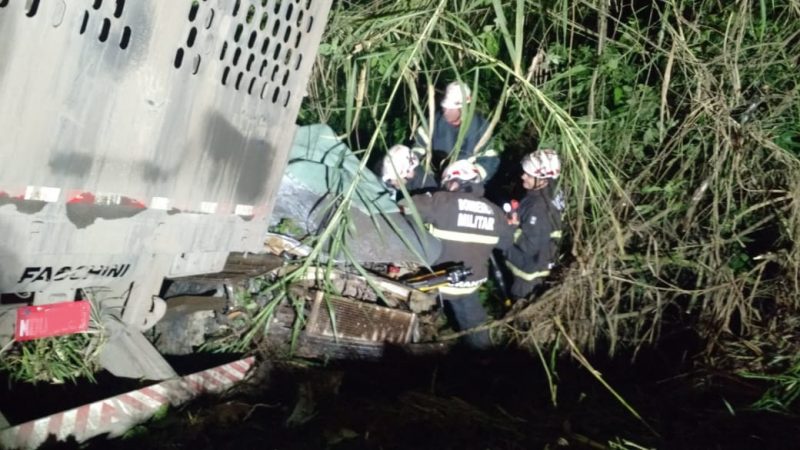 Bombeiros retiraram motorista preso na cabine do veículo – CBMSC/Divulgação/ND