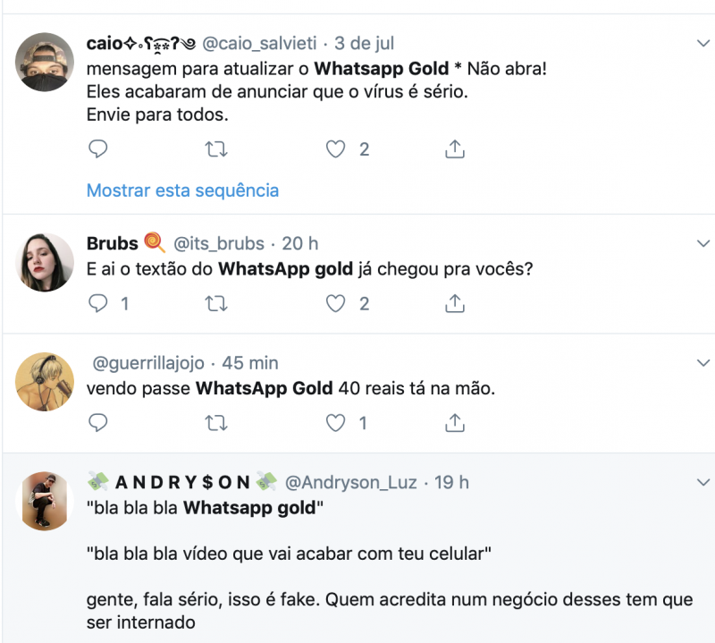 Mensagem diz que atualização do WhatsApp pode danificar celular – Reprodução Twitter – Reprodução Twitter