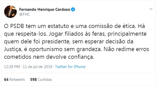 Ex presidente Fernando Henrique se manifestou publicamente nesta quinta-feira – Twitter/Reprodução/ND