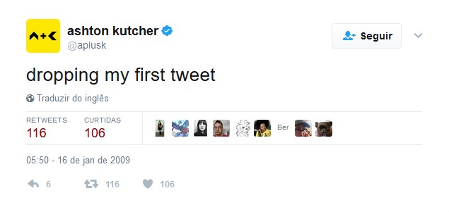 Ashton Kutcher – 16 de janeiro de 2009: "postando meu primeiro tweet" - Crédito: Reprodução Twitter/33Giga/ND