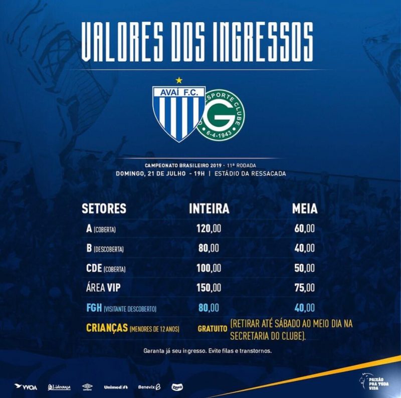 Tabela com valores de ingressos para o confronto entre Avaí x Goiás no domingo &#8211; Instagram Avaí FC/Reprodução