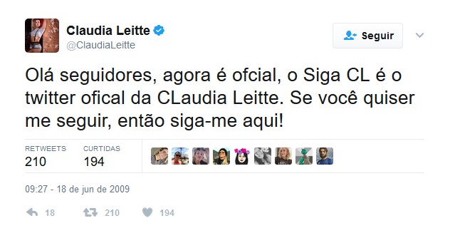 Claudia Leitte – 18 de junho de 2009 - Crédito: Reprodução Twitter /33Giga/ND