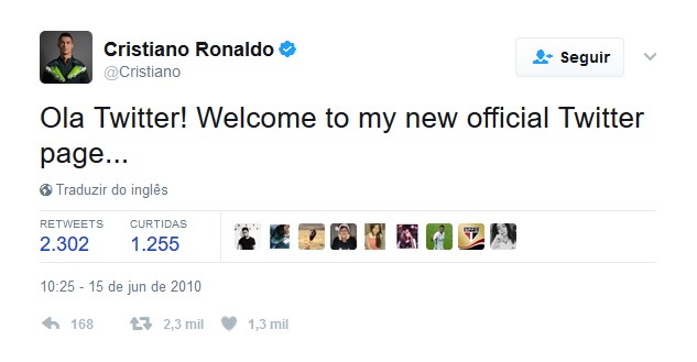 Cristiano Ronaldo – 15 de junho de 2010: "Olá Twitter! Bem-vindos a minha nova página oficial no Twitter..." - Crédito: Reprodução Twitter/33Giga/ND