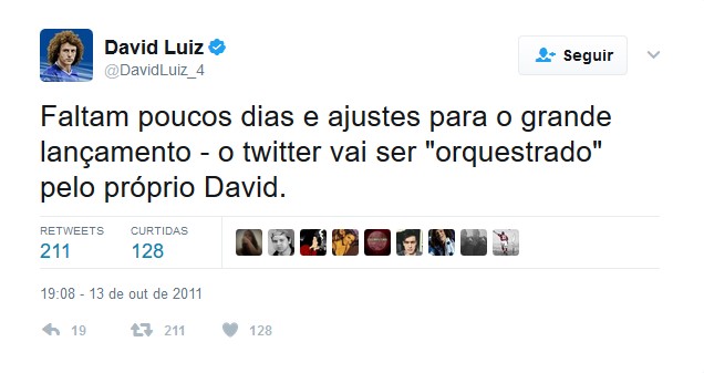David Luiz – 13 de outubro de 2011 - Crédito: Reprodução Twitter/33Giga/ND