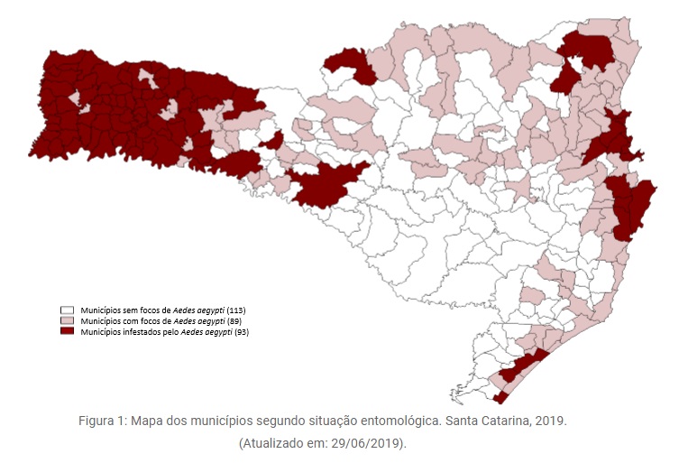 Mapa dos municípios segundo situação entomológica. Atualizado em: 29/06/2019 &#8211; Dive-SC/Divulgação