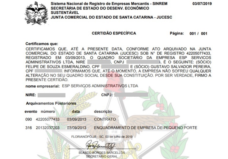 Certidão comprova sociedade de Gustavo Salvador Pereira na ESP Serviços Administrativos – Lúcio Lambranho/Divulgação/ND