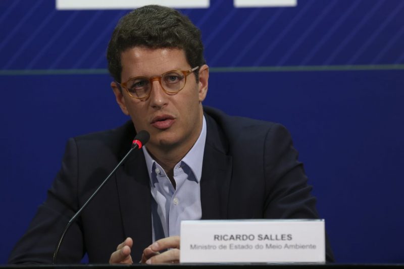 O Ministro do Meio Ambiente, Ricardo Salles fala à imprensa, após reunião com os integrantes do Centro de Operações Conjuntas