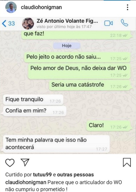 Claudio Honigman acusou Z&eacute; Ant&ocirc;nio de n&atilde;o ter cumprido suposto acordo para evitar WO em Cuiab&aacute; – Reprodu&ccedil;&atilde;o Instagram/ND