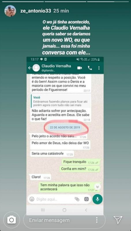 Z&eacute; Ant&ocirc;nio rebate acusa&ccedil;&atilde;o do ex-presidente do Figueirense ao afirmar que conversa se referia &agrave; possibilidade de um segundo WO – Reprodu&ccedil;&atilde;o Instagram/ND