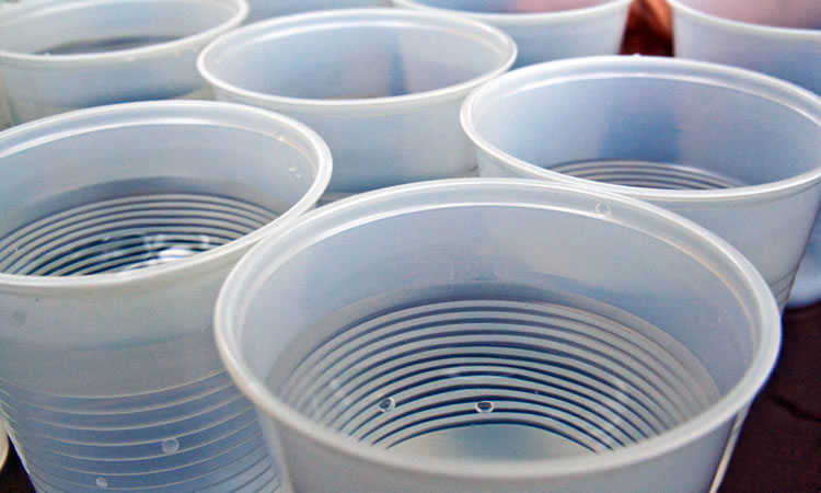 Imagens mostram diversos copos descartáveis com águas