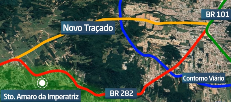 Novo tra&ccedil;ado busca aliviar trancamento no in&iacute;cio da BR-282, em Palho&ccedil;a e Santo Amaro da Imperatriz – Foto: Reprodu&ccedil;&atilde;o/RICTV/ND