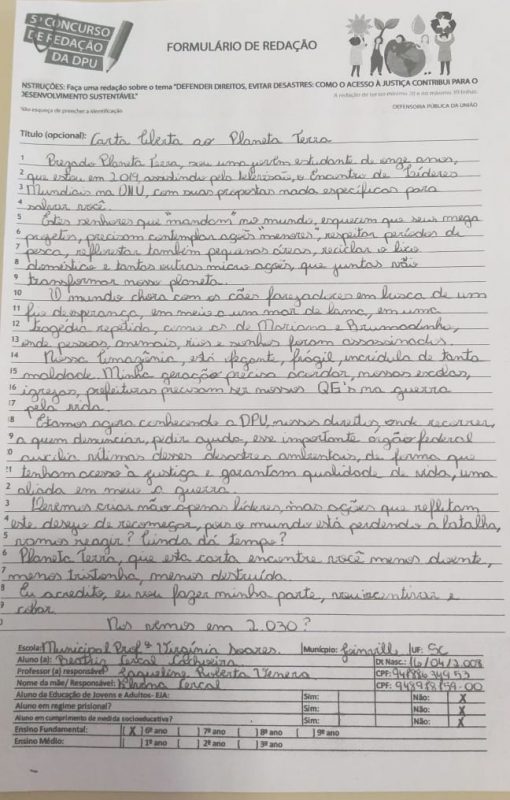 Redação de Beatriz, primeiro lugar no Concurso da DPU – nível estadual . Foto: divulgação