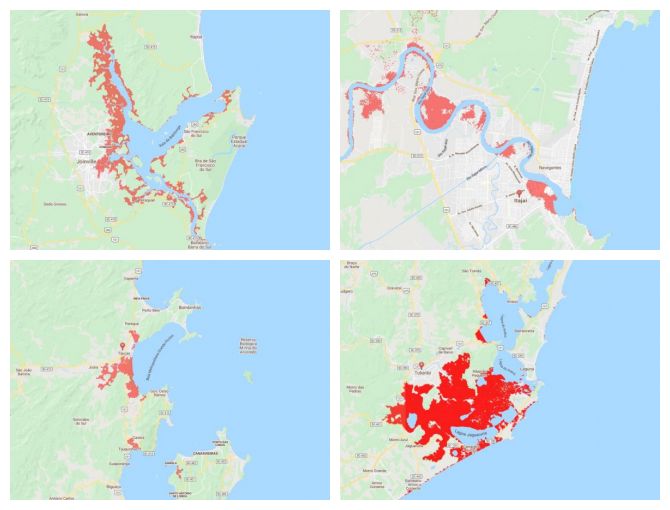 Regiões mais afetadas em SC segundo estudo – Foto: Climate Central/Reprodução/ND
