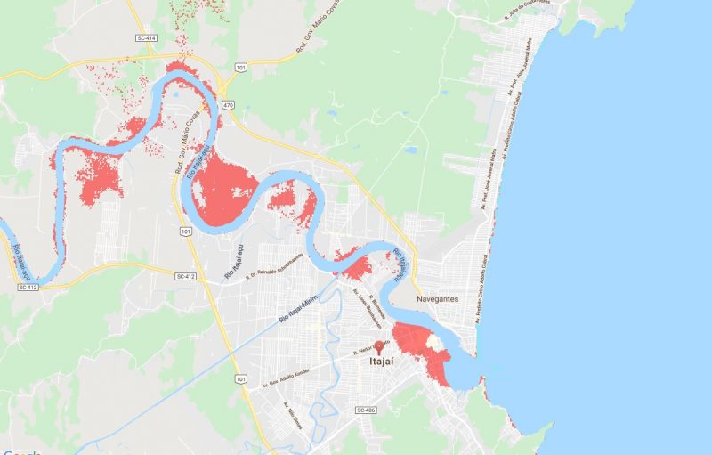 Itajaí pode ter área inundadas conforme projeção de 2050 – Foto: Climate Central/ND