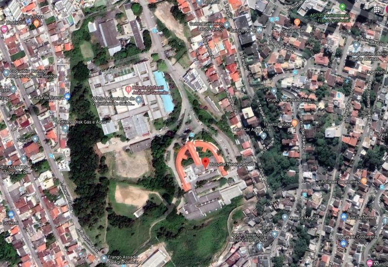 Hospitais Celso Ramos, Joana de Gusmão e Carmela Dutra se somarão ao Nereu Ramos e vão funcionar todos no mesmo local – Foto: Google Earth/Reprodução