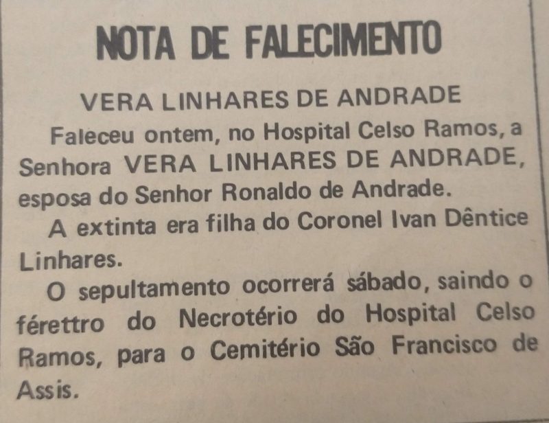 Nota de falecimento publicada no jornal O Estado – Foto: Reprodu&ccedil;&atilde;o/Jornal O Estado/ND