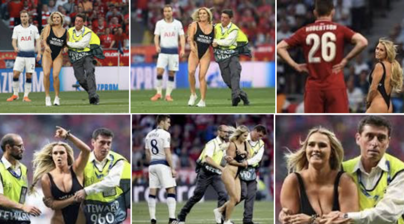 No ano passado, a modelo Kinsey Wolanski invadiu a final da Chapions League, em 2019 – Foto: Reprodução