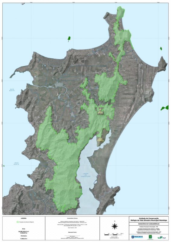 Área delimitada em verde é a proposta para a criação da Revis Meiembipe, no Norte da Ilha – Foto: Floram/PMF/Divulgação/ND