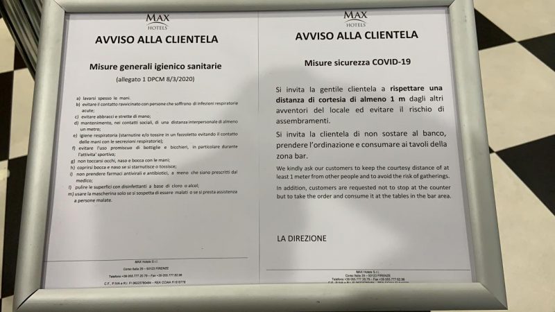 Estabelecimentos italianos possuem avisos para os clientes com as recomendações de comportamento e higiene para evitar o contágio por coronavírus – Foto: Lorena Abreu/ND
