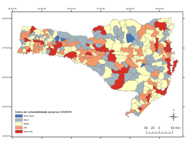 Mapa mostra municípios com populações mais vulneráveis ao coronavírus &#8211; Foto: Epagri/Divulgação/ND