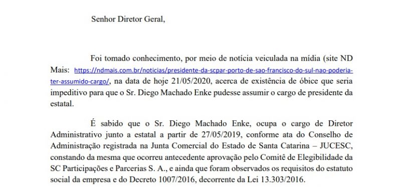 Documento que pede veda&ccedil;&atilde;o do trabalho do ent&atilde;o presidente da SCPar Porto de S&atilde;o Francisco do Sul – Foto: Reprodu&ccedil;&atilde;o